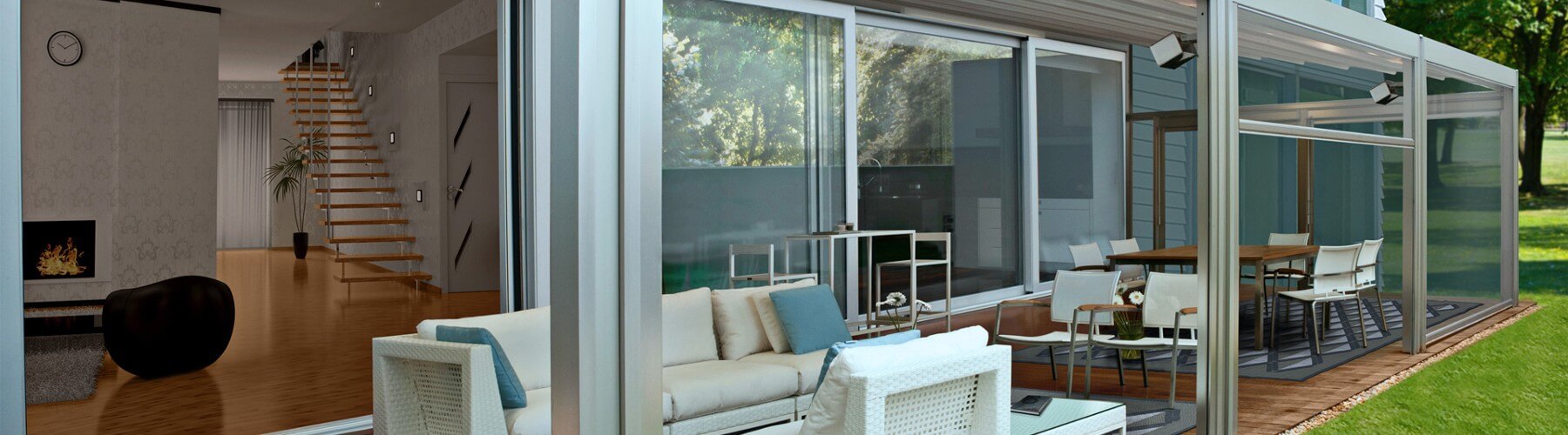 Fachada de una casa con pérgola acristalada